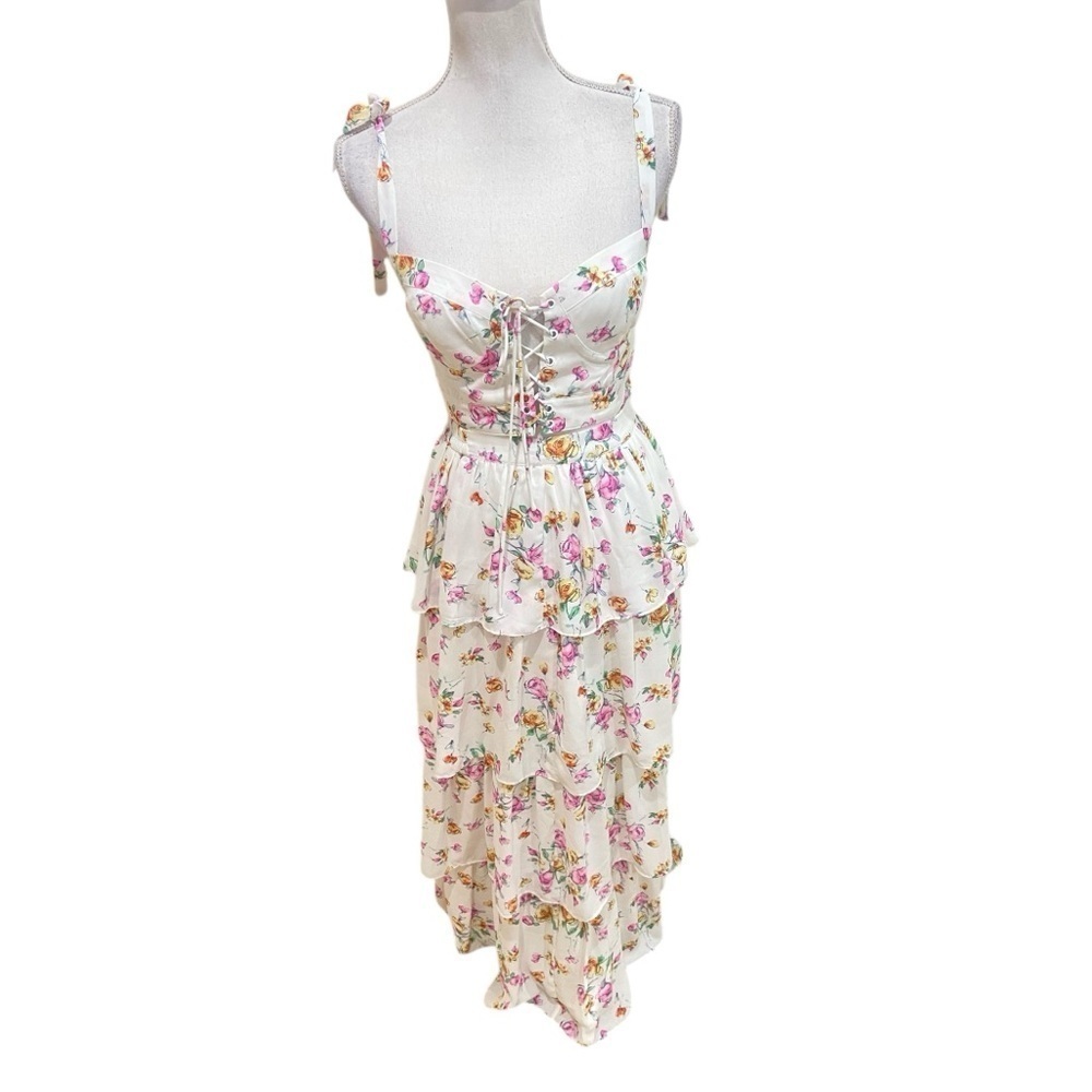 Wayf 2 piece floral flowy tiered maxi skirt & crop top corset tie straps small